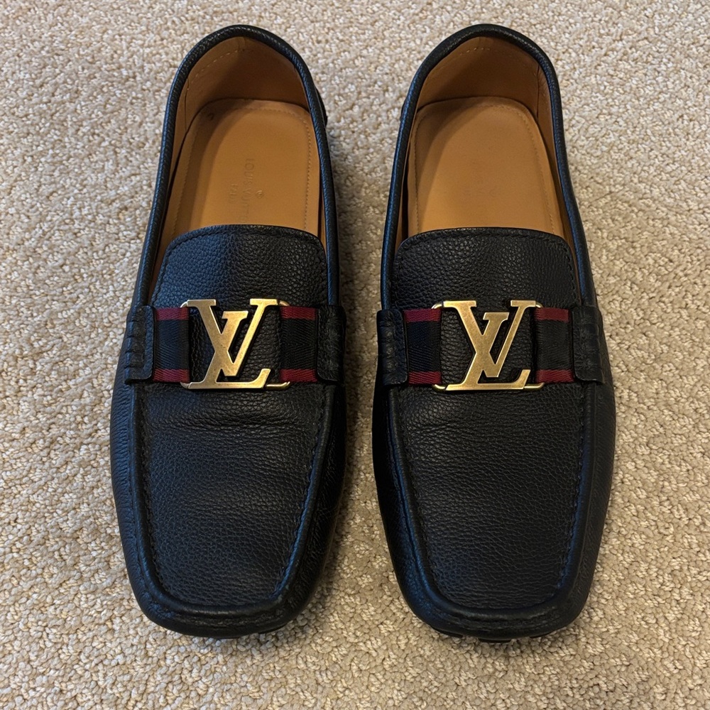 Louis Vuitton Black Leather Men's Loafers with Gold LV Hardware